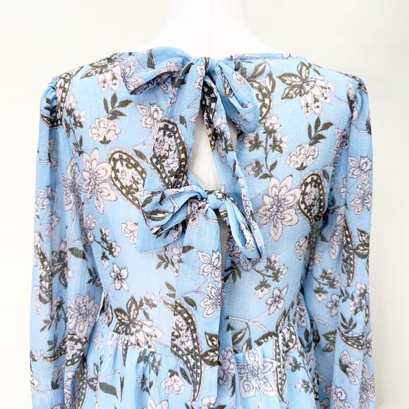 AMERICAN EAGLE Peplum Blouse Long Sleeve Paisley Floral Tie Back Blue Women's S - Picture 4 of 8